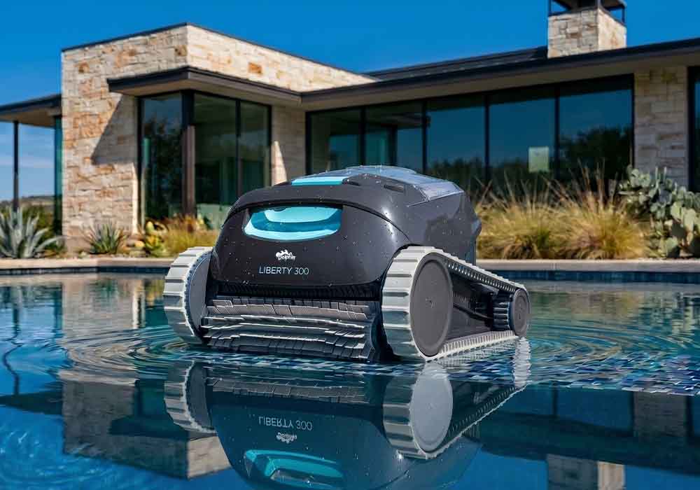 Dolphin Liberty 300 surfacing at the edge of a backyard pool