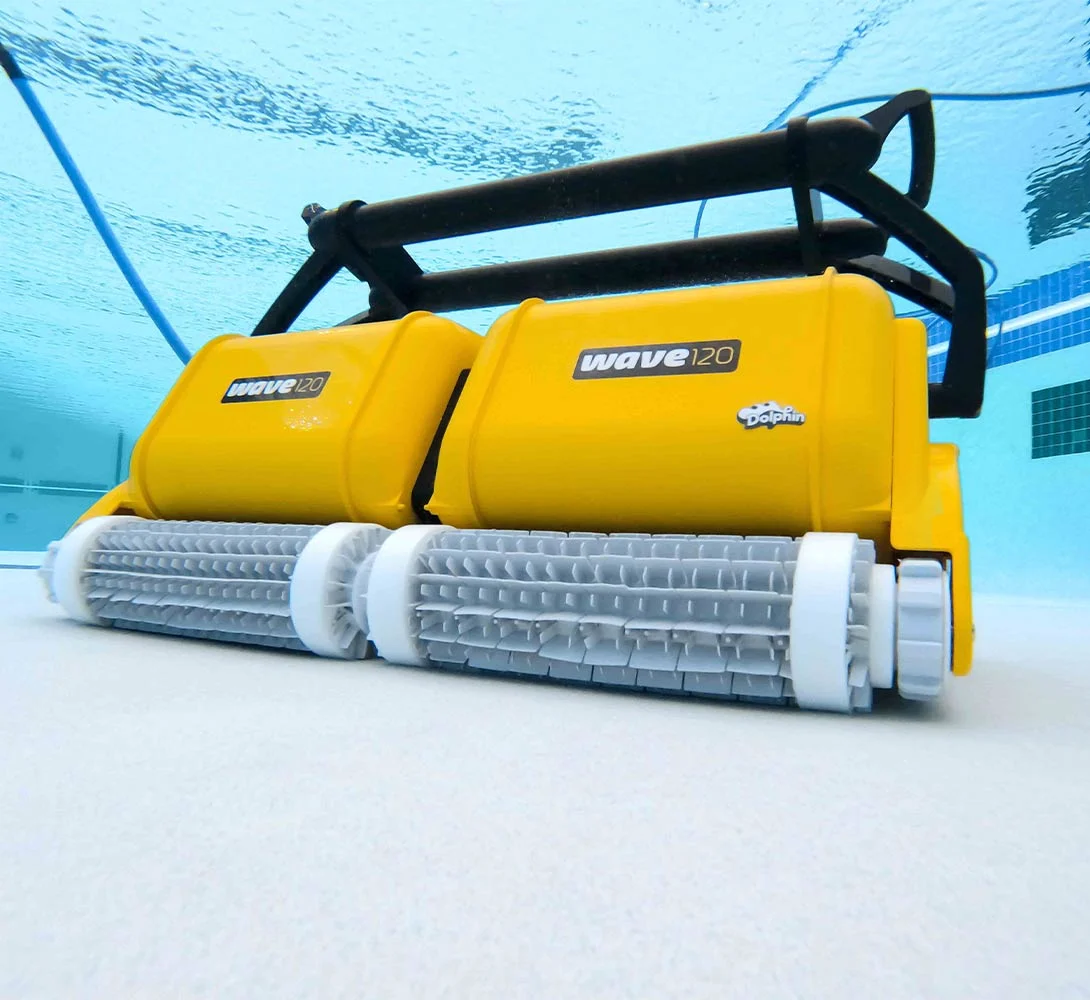 Dolphin Wave 120 twin cleaning units on a pool floor