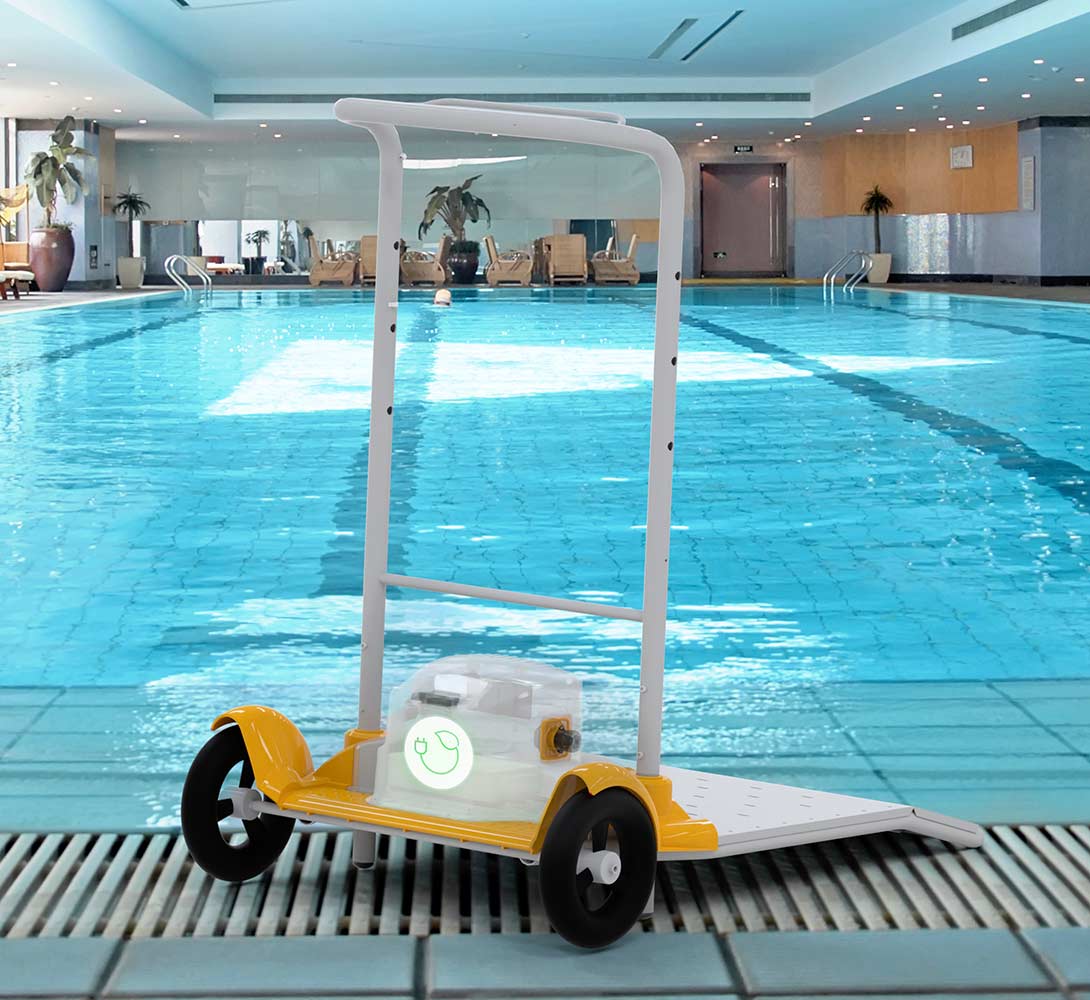 Dolphin Wave 140 caddy with the power supply mounted, beside an indoor hotel pool